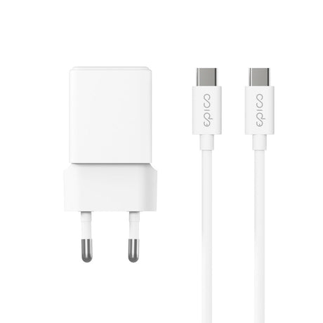Epico UltraBoost GaN 20W Vegglader m. 1.2m USB-C til USB-C Kabel - 1x USB-C / 1x USB-A - Hvit