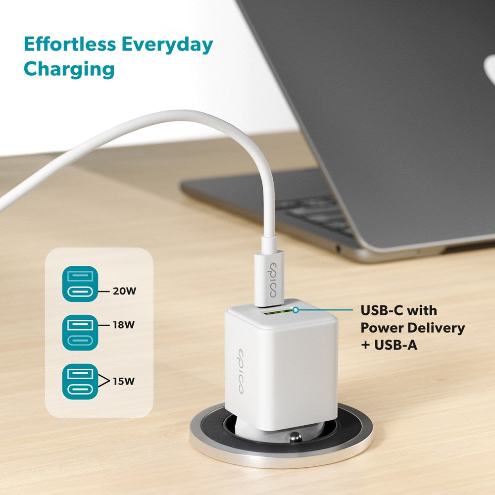 Epico UltraBoost GaN 20W Vegglader m. 1.2m USB-C til USB-C Kabel - 1x USB-C / 1x USB-A - Hvit