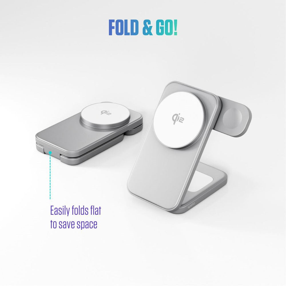 Spello ForceBase Sammenleggbar 3-i-1 Trådløs Qi2 Lader 15W - MagSafe Kompatibel - Sølv