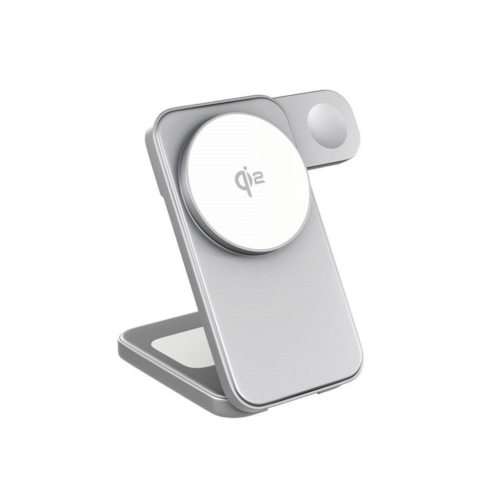 Spello ForceBase Sammenleggbar 3-i-1 Trådløs Qi2 Lader 15W - MagSafe Kompatibel - Sølv