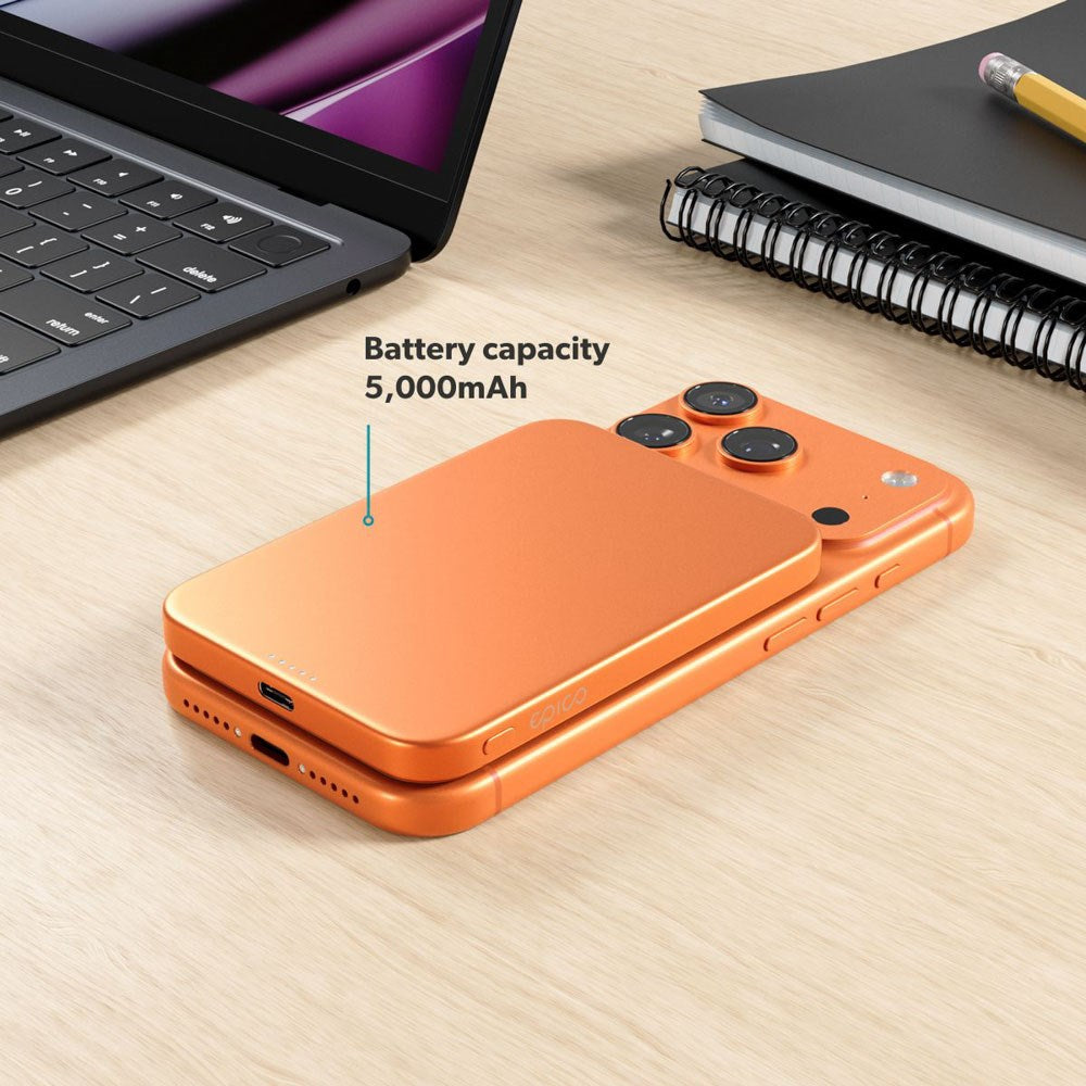 Epico 15W UltraPack EM51 Slim Alu Mag+ 5000 mAh Power Bank med USB-C - Qi2 / MagSafe Kompatibel - Orange