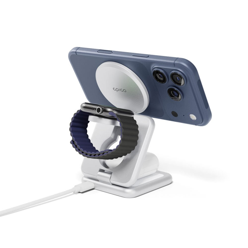 Epico UltraBase EF60 3-i-1 Fold Metal Mag+ Trådløs Lader - 25W - Qi2 / MagSafe Kompatibel - Sølv