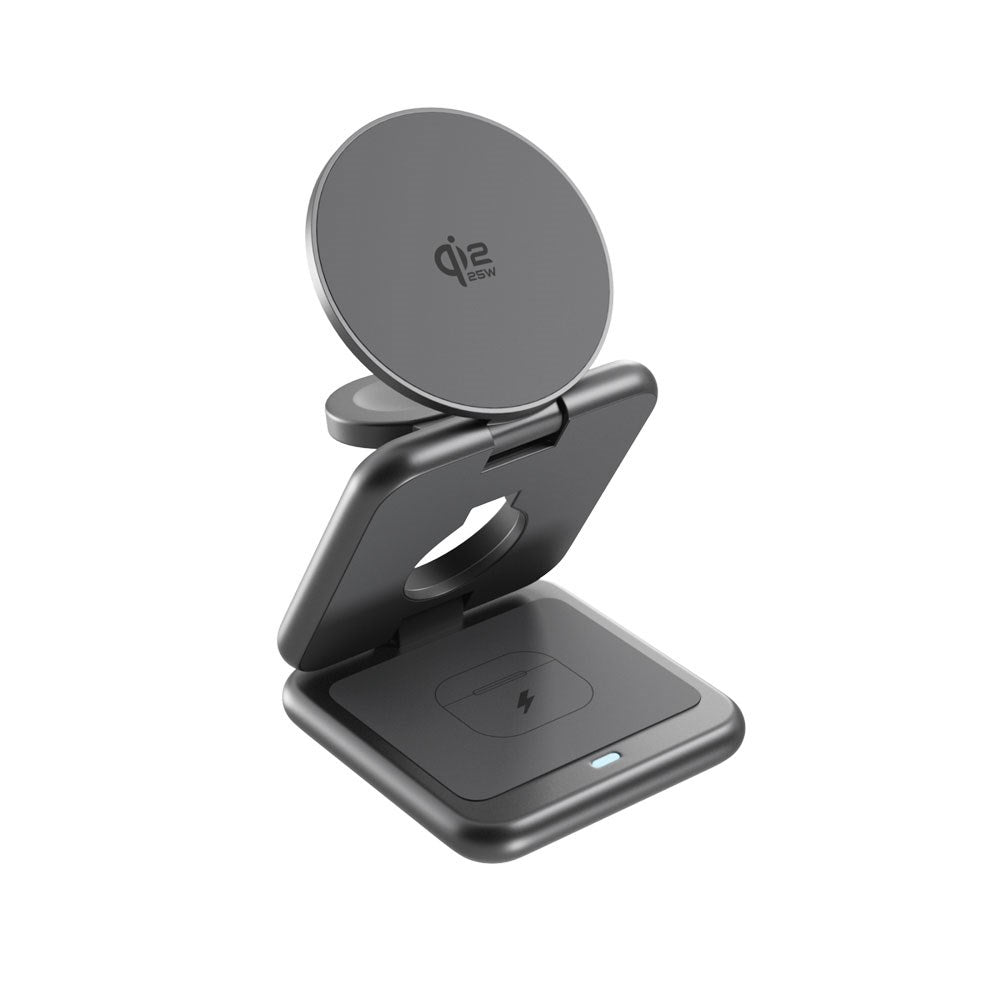 Epico UltraBase EF60 3-i-1 Fold Metal Mag+ Trådløs Lader - 25W - Qi2 / MagSafe Kompatibel - Grå