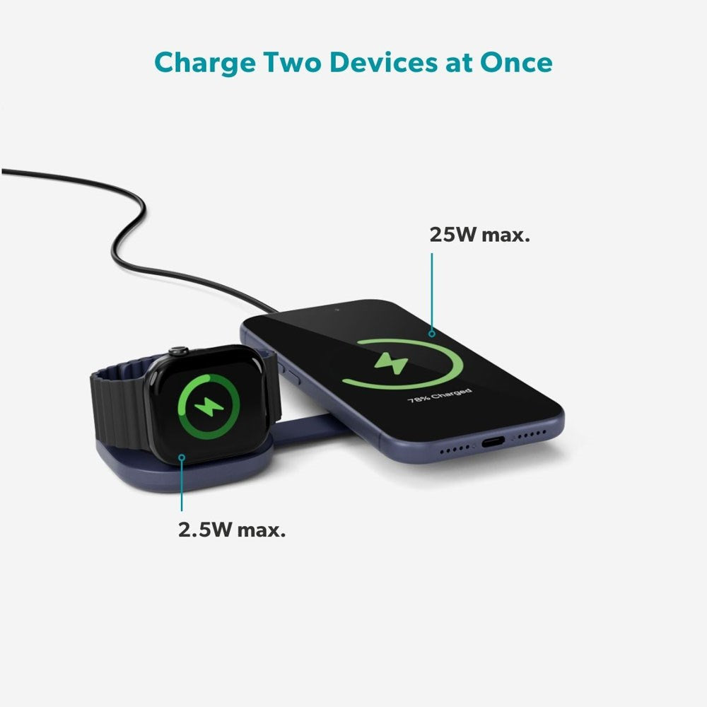 Epico UltraBase Kompakt Trådløs Lader 25W for Smarttelefon / Apple Watch - MagSafe / Qi2 Kompatibel - Mørkeblå