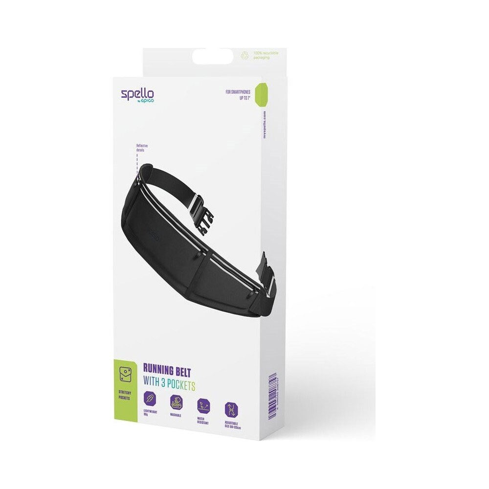 Spello Justerbart Løpebelte med 3 Lommer - Maks. 18 cm - Svart