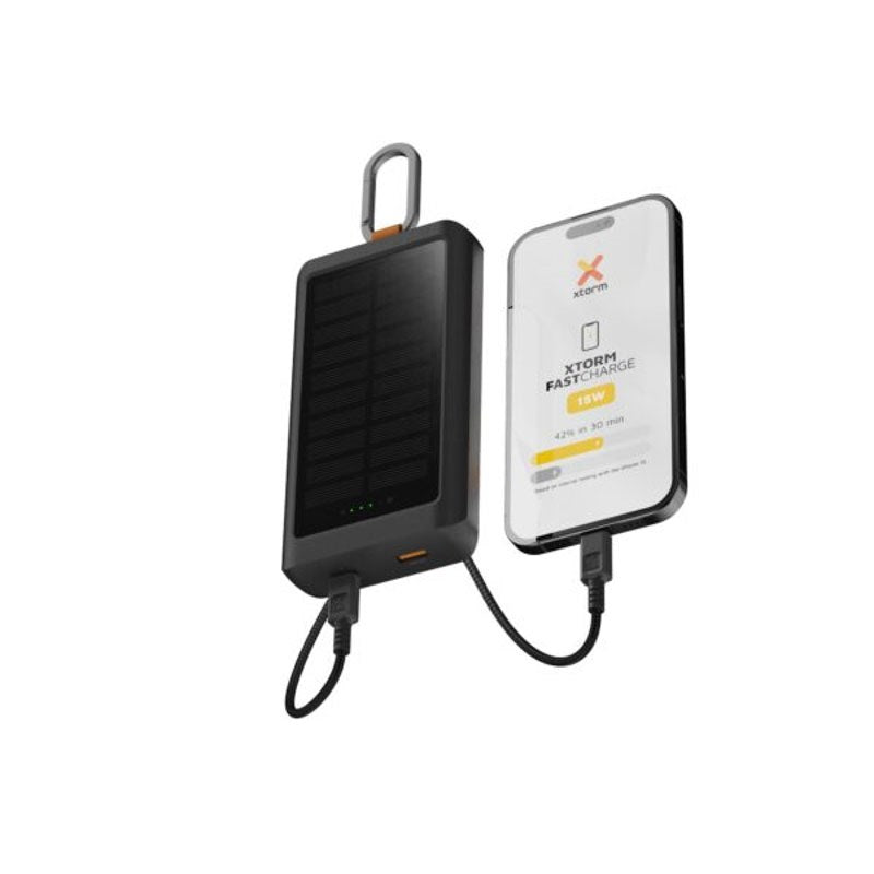 Xtorm 15W Solcelle PowerBank m. 1x USB-A & 1x USB-C – 10.000 mAh / Lommelykt – Svart