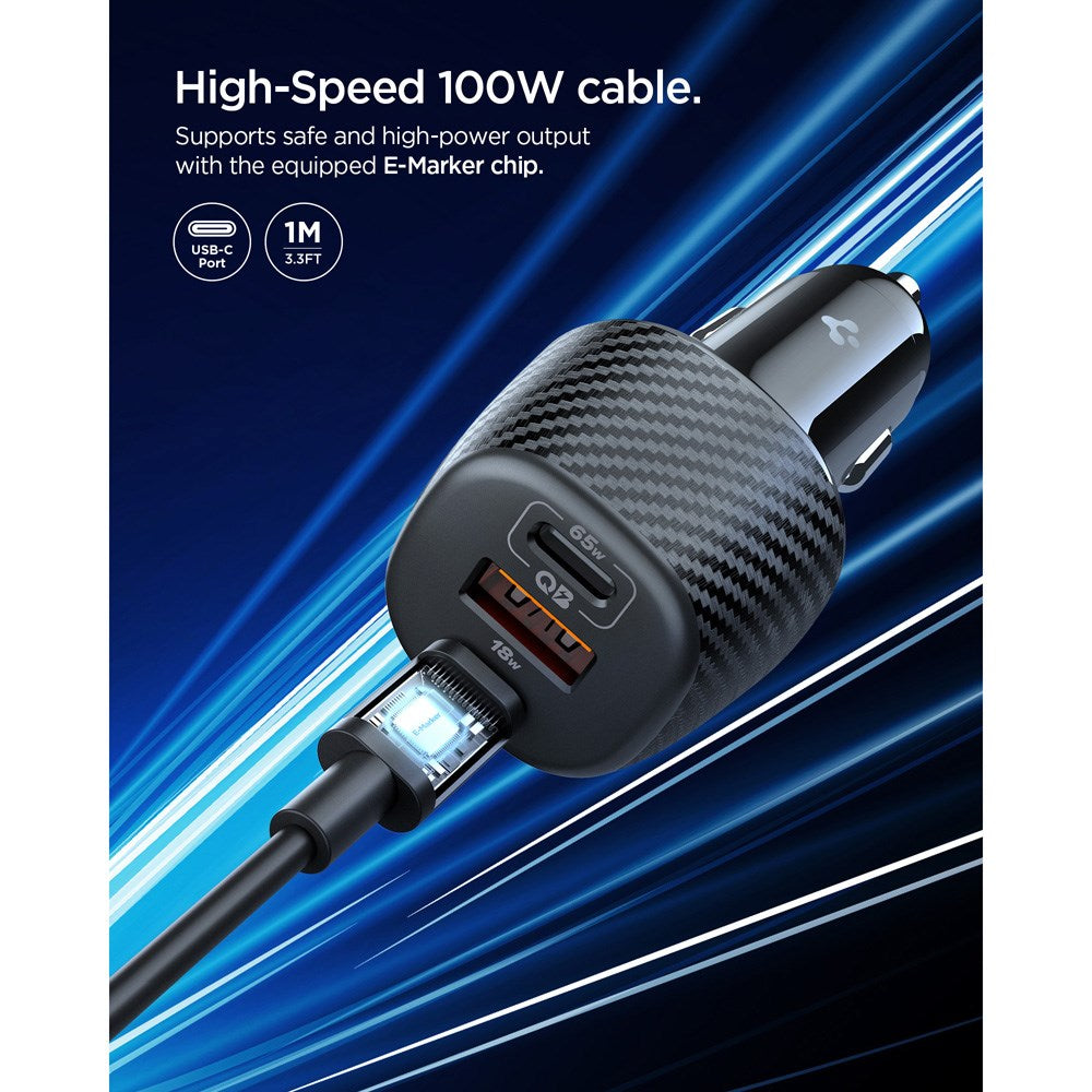 Spigen Essential 113W Biloplader m. 2 x USB-C & 1 x USB-A – Svart
