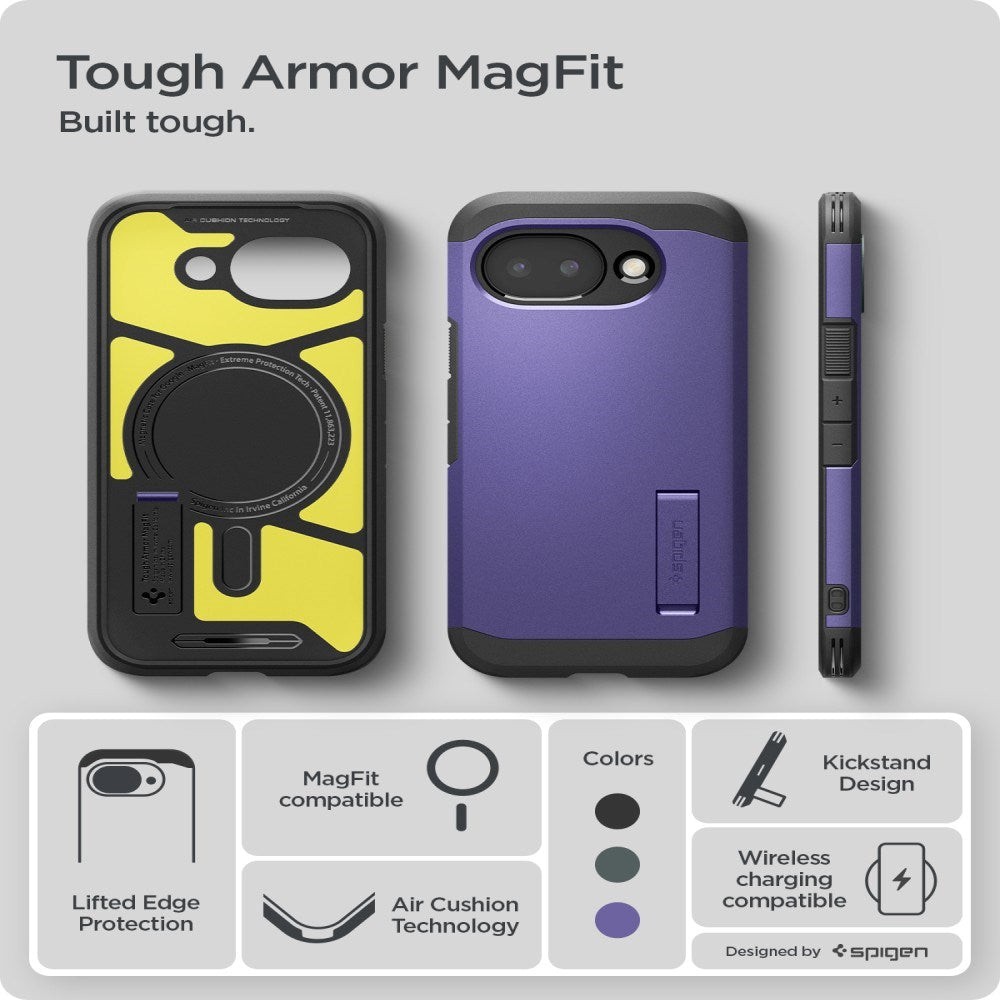 Google Pixel 10a Spigen Tough Armor Hybrid Deksel m. Stativfunksjon - MagSafe Kompatibel - Lilla