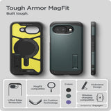 Google Pixel 10a Spigen Tough Armor Hybrid Deksel m. Stativfunksjon - MagSafe Kompatibel - Grønn