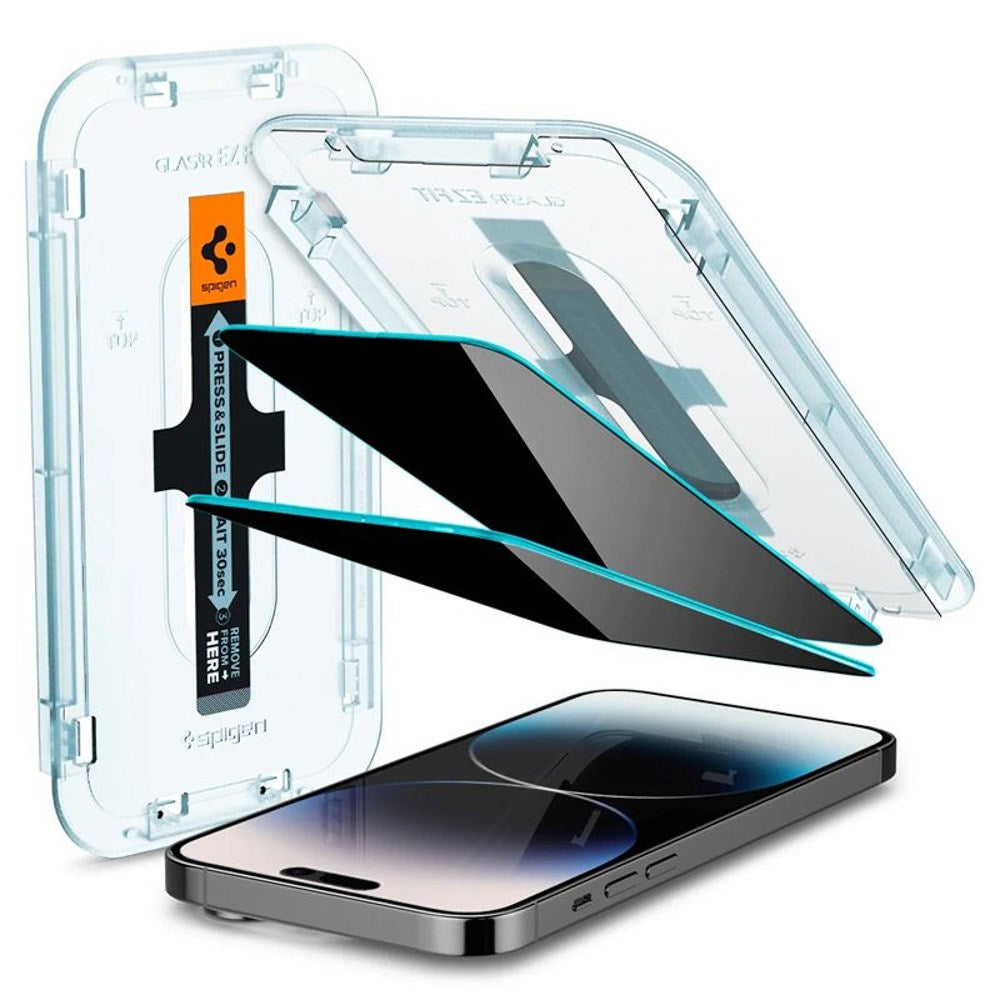iPhone 14 Pro Spigen Privacy EZ Fit Glass Skjermbeskytter - 2 stk - Privacy Funksjon - Gjennomsiktig