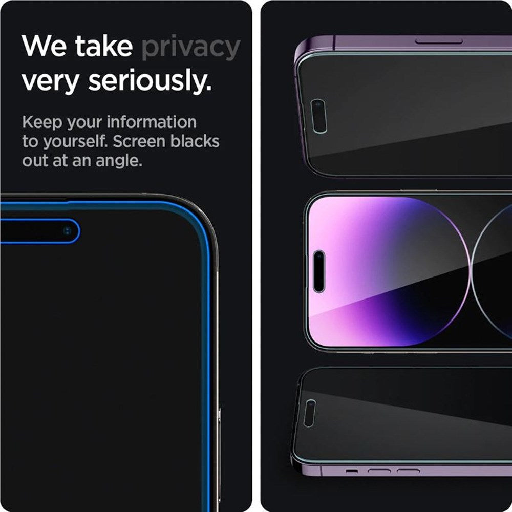 iPhone 14 Pro Spigen Privacy EZ Fit Glass Skjermbeskytter - 2 stk - Privacy Funksjon - Gjennomsiktig