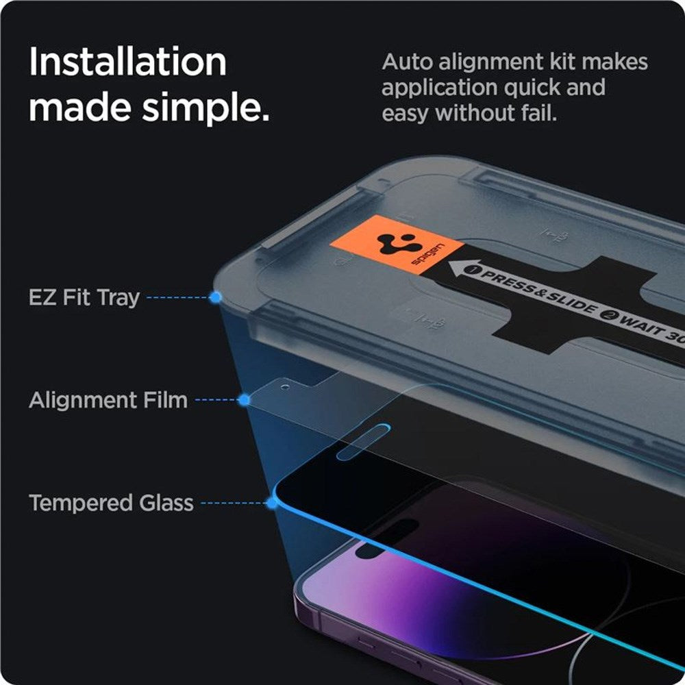 iPhone 14 Pro Spigen Privacy EZ Fit Glass Skjermbeskytter - 2 stk - Privacy Funksjon - Gjennomsiktig
