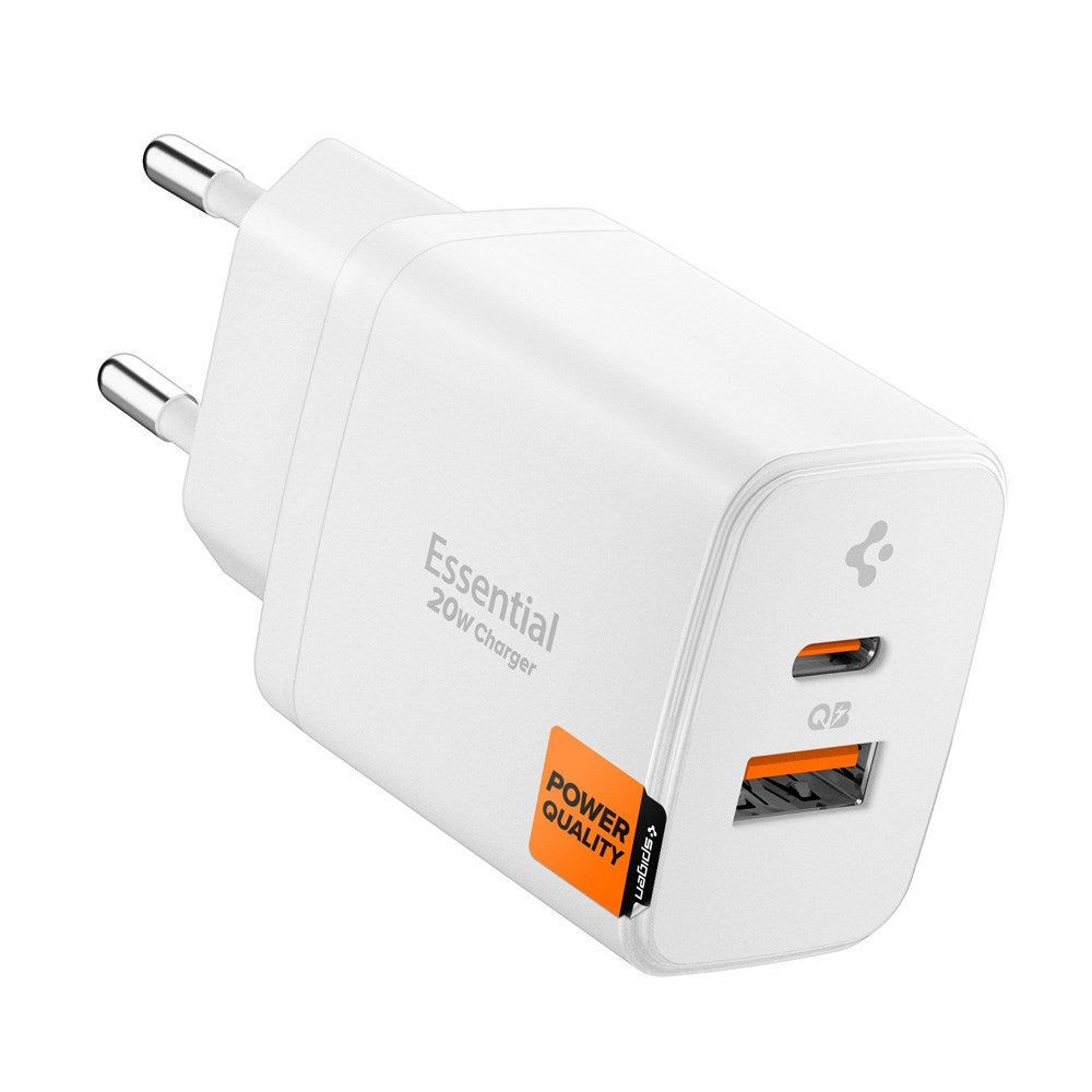 Spigen Essential 20W Vegglader m. 1 x USB-C & 1 x USB-A - Hvit
