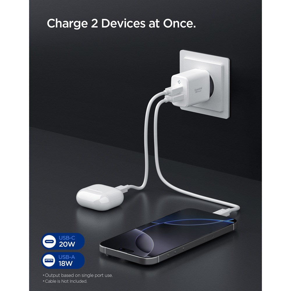 Spigen Essential 20W Vegglader m. 1 x USB-C & 1 x USB-A - Hvit