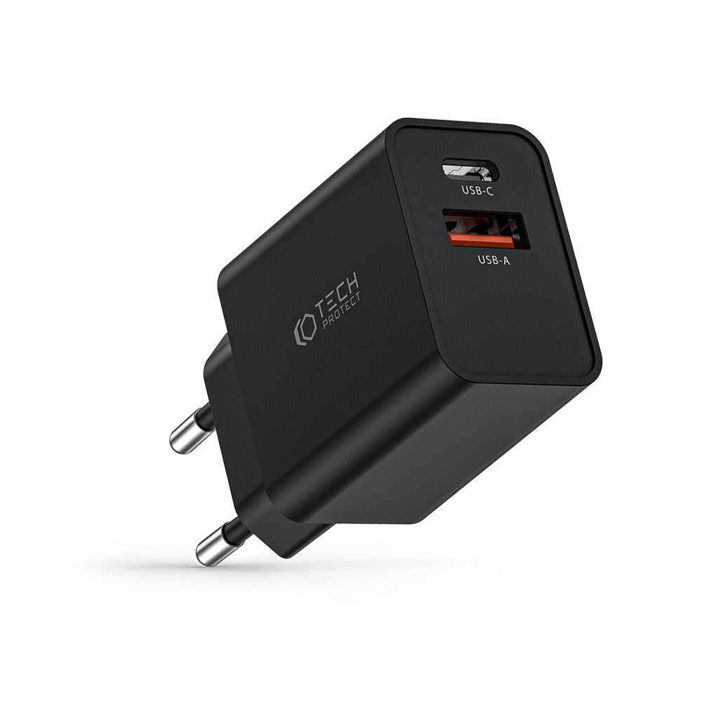 Tech-Protect 30W Vegglader med 1 x USB-A QC og 1 x USB-C PD - Svart
