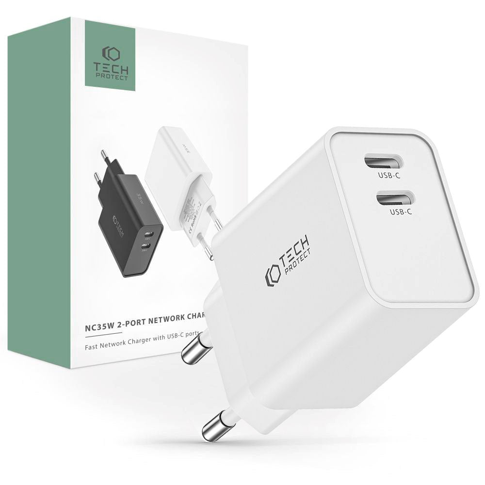 Tech-Protect 35W Veggladere m. 2 x USB-C - Hvit