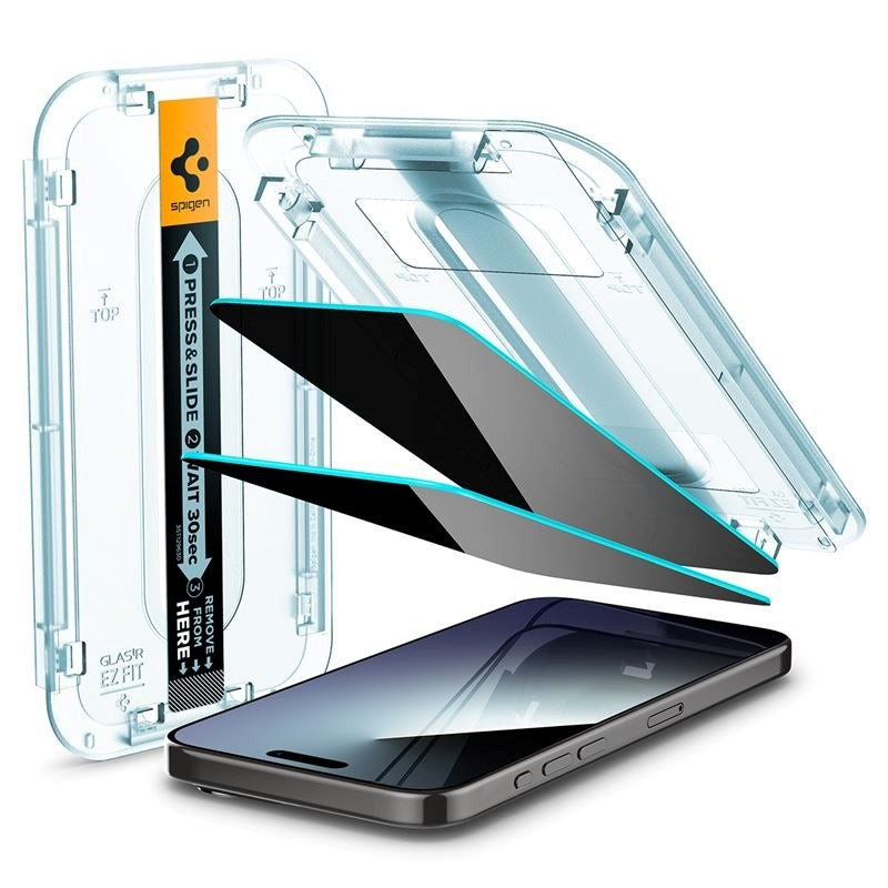 iPhone 15 Pro Max Spigen EZ Fit Glas.tR Skjermbeskytter 2 Stk. - Privacy Filter - Case Friendly - Gjennomsiktig