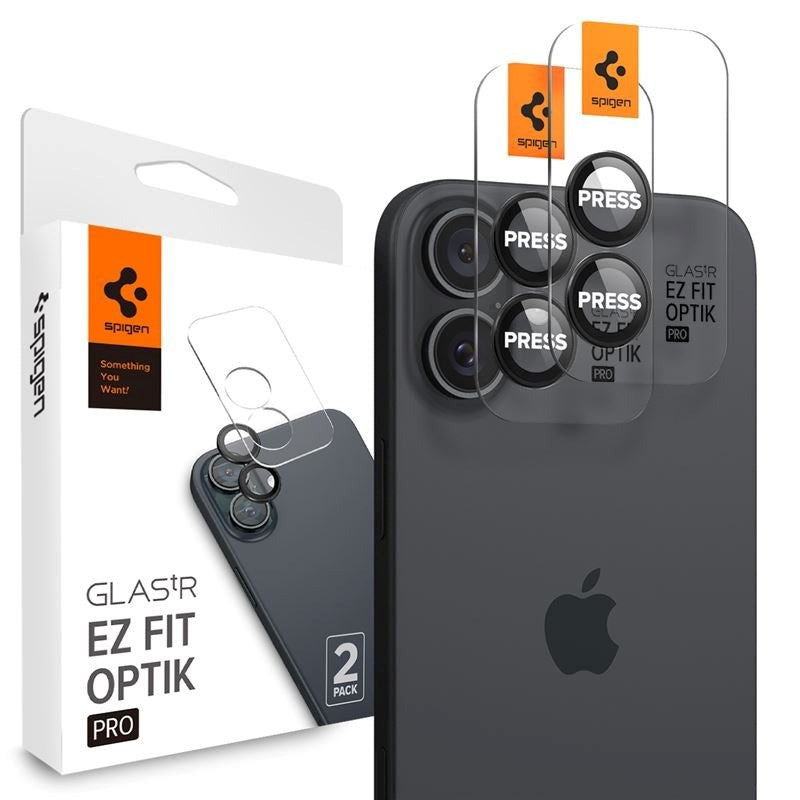 iPhone 17 / 16 / 16 Plus Spigen EZ Fit. tR Optik Pro Kameralinsebeskyttelse - 2 Stk - Gjennomsiktig / Svart