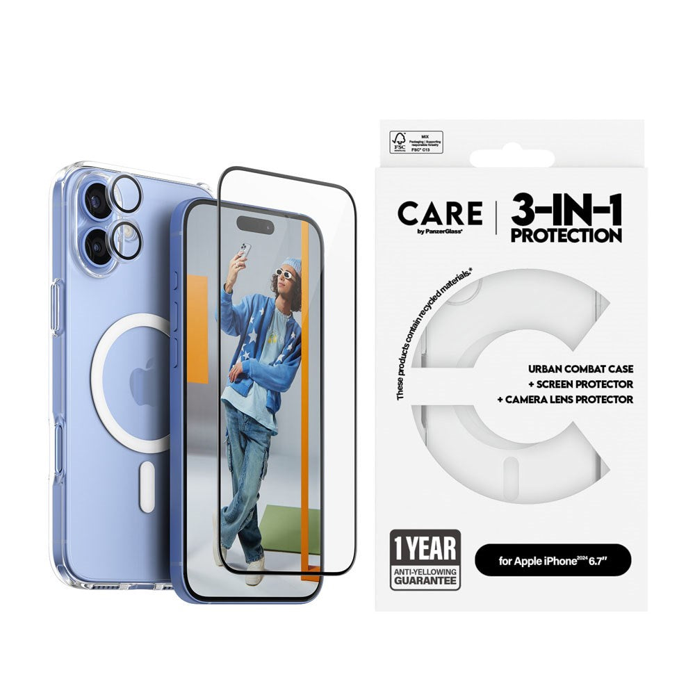 CARE By PanzerGlass iPhone 16 Plus 3-i-1 FLAGSHIP MagSafe Bundle - Skjermbeskyttelse (UWF) / Deksel / Kamerabeskyttelse - Gjennomsiktig / Hvit