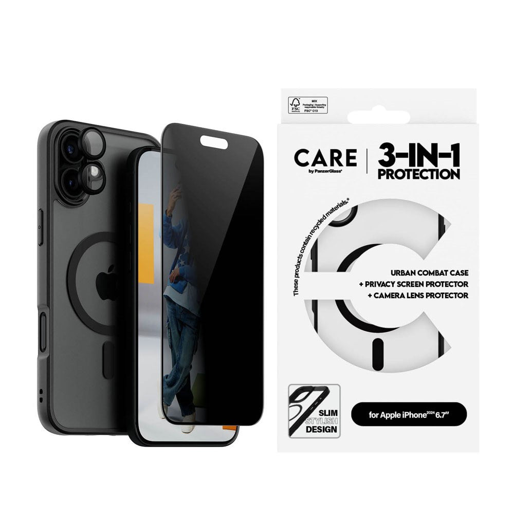 CARE By PanzerGlass iPhone 16 Plus 3-i-1 FLAGSHIP MagSafe Bundle - Privacy Skjermbeskyttelse (UWF) / Deksel / Kamerabeskyttelse - Gjennomsiktig / Svart