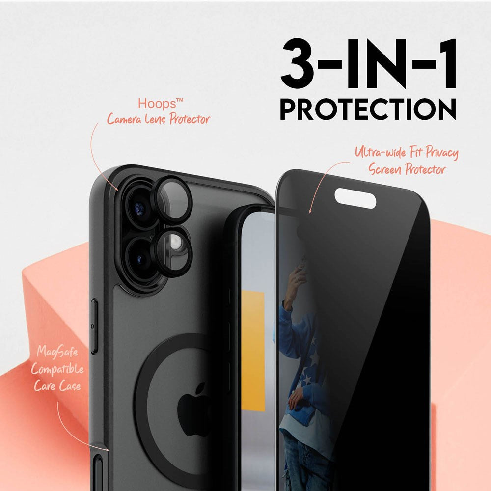 CARE By PanzerGlass iPhone 16 Plus 3-i-1 FLAGSHIP MagSafe Bundle - Privacy Skjermbeskyttelse (UWF) / Deksel / Kamerabeskyttelse - Gjennomsiktig / Svart