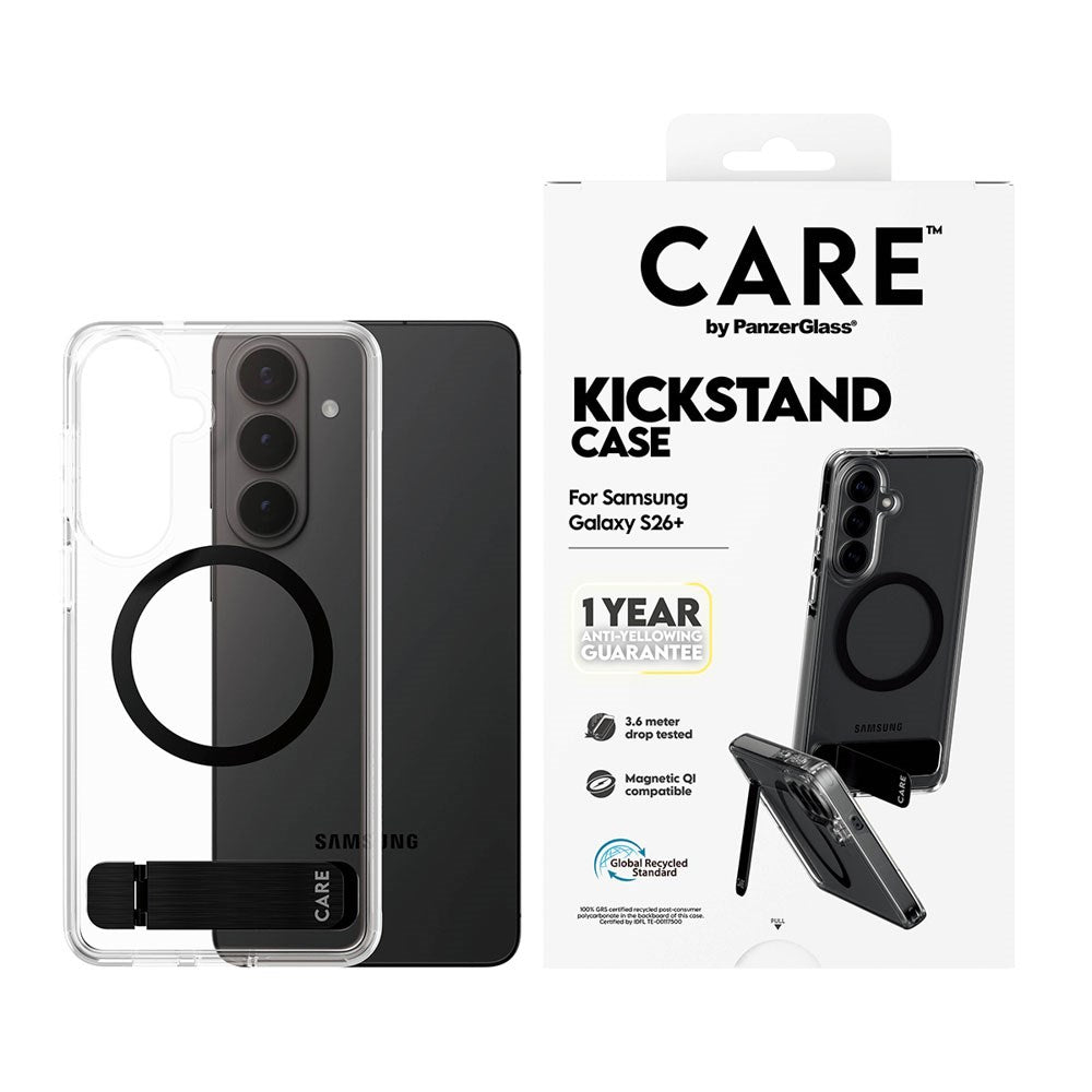 Samsung Galaxy S26+ (Plus) CARE by PanzerGlass Feature Kickstand Deksel - Qi Kompatibel - Transparent / Black