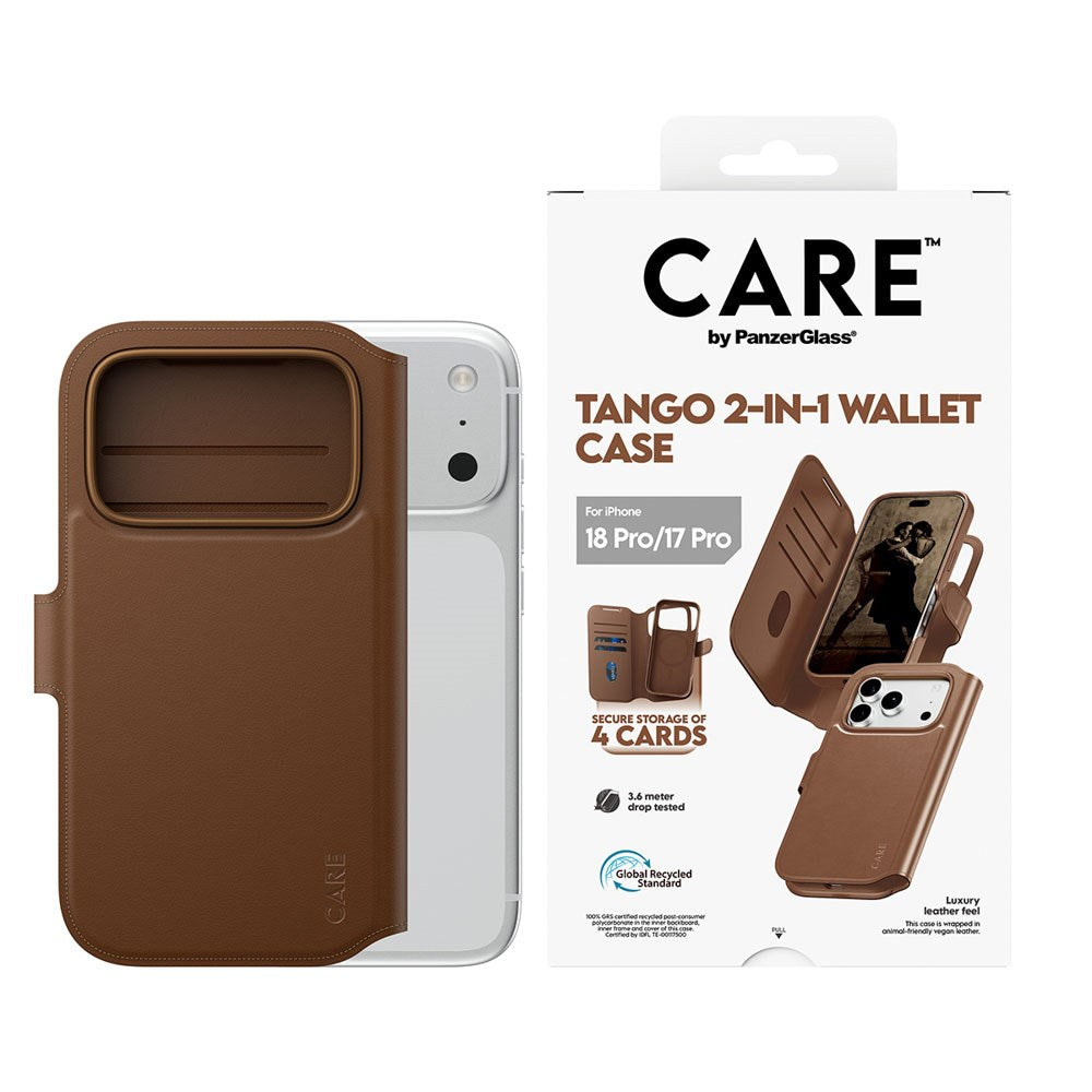 iPhone 18 Pro / 17 Pro CARE by PanzerGlass Feature Tango 2-in-1 Deksel med Lommebok - MagSafe Kompatibel - Brun