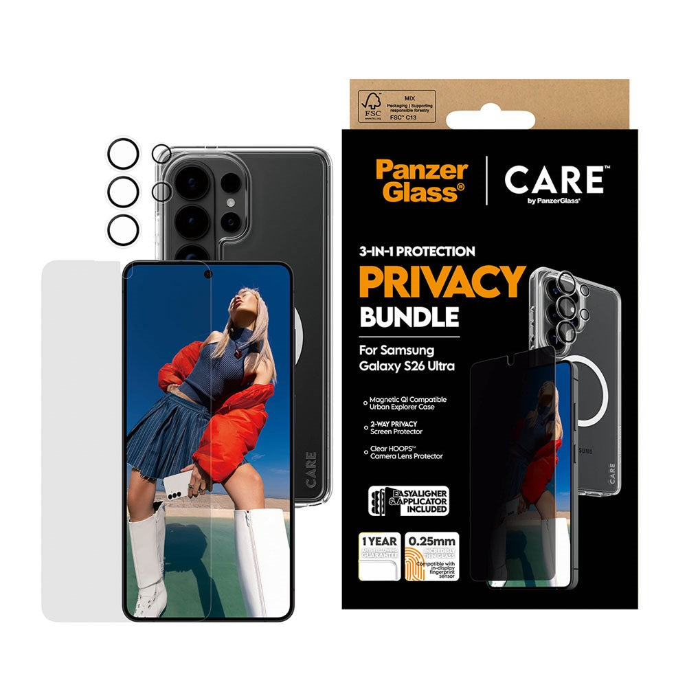 Samsung Galaxy S26 Ultra Urban Combat 3-in-1 Privacy Bundle med Deksel / Skjermbeskyttelse (Privacy) / Kamerabeskyttelse - Qi Kompatibel - Gjennomsiktig