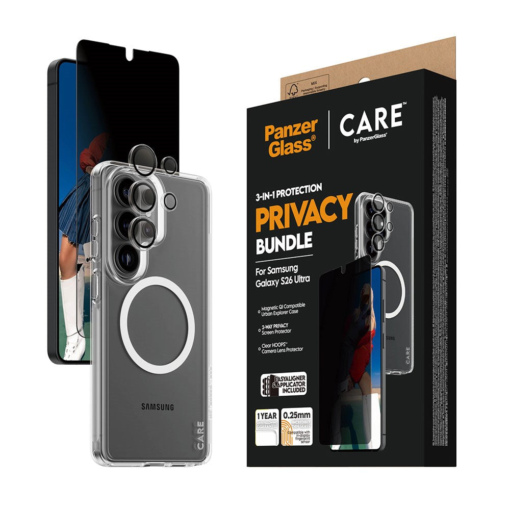 Samsung Galaxy S26 Ultra Urban Combat 3-in-1 Privacy Bundle med Deksel / Skjermbeskyttelse (Privacy) / Kamerabeskyttelse - Qi Kompatibel - Gjennomsiktig