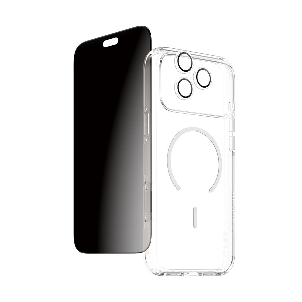 iPhone 18 Pro Max CARE by PanzerGlass 3-i-1 FLAGSHIP Bundle - Deksel / Privacy Skjermbeskyttelse (UWF) / Kamerabeskyttelse - Gjennomsiktig / Svart