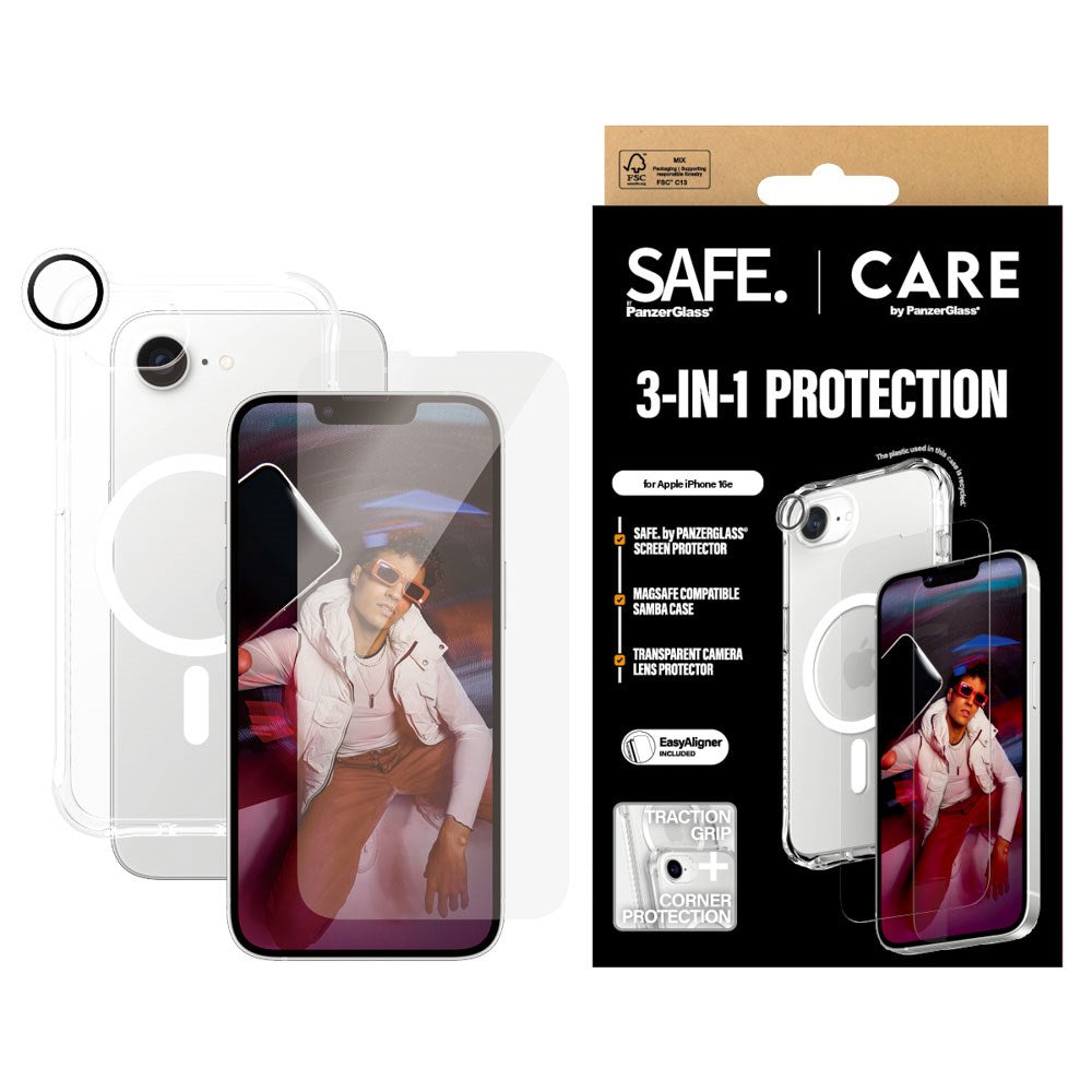 CARE By PanzerGlass iPhone 17e / 16e 3-i-1 FASHION Bundle - Skjermbeskyttelse (UWF) / Samba Deksel / Kamerabeskyttelse - Gjennomsiktig / Hvit