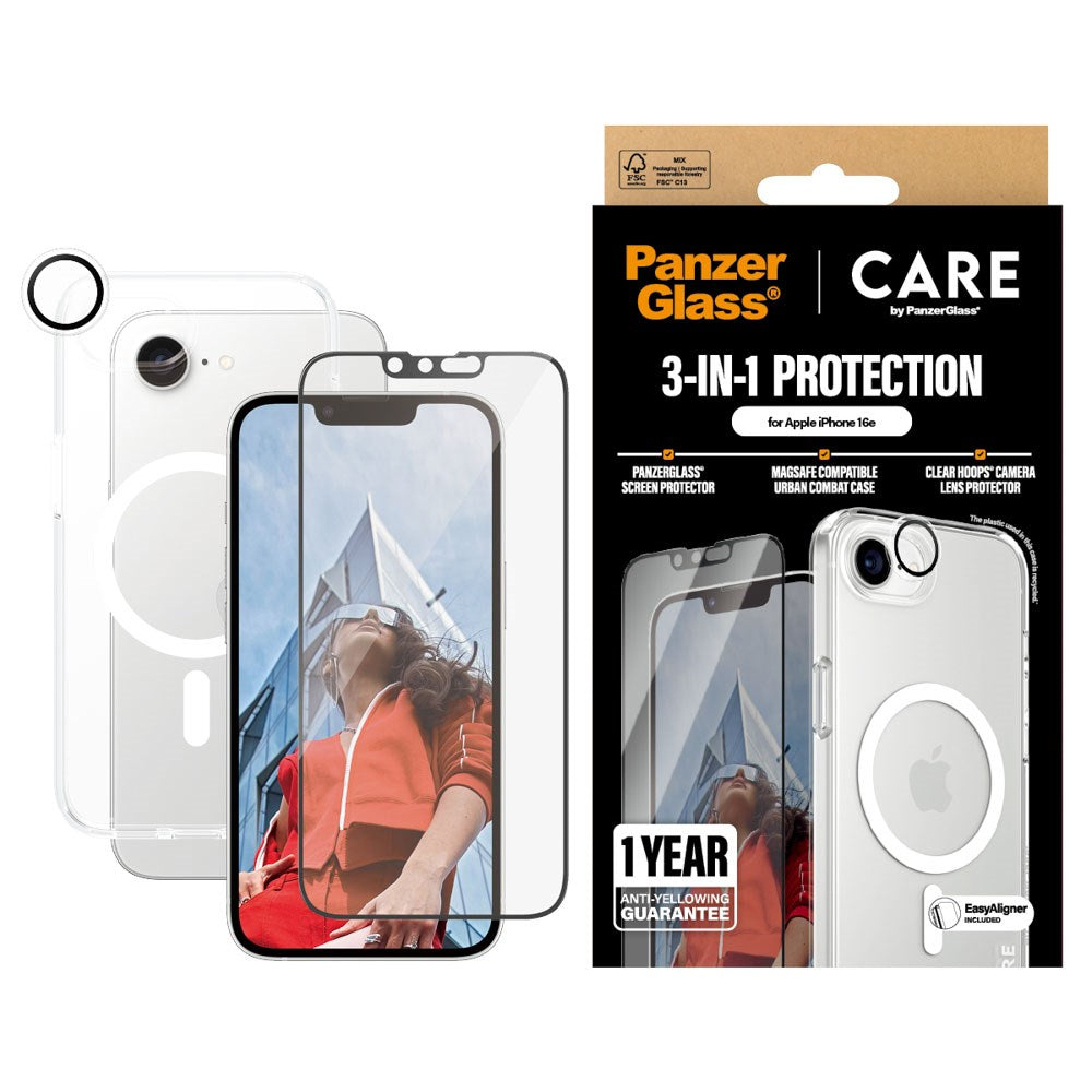 CARE By PanzerGlass iPhone 17e / 16e 3-i-1 FLAGSHIP MagSafe Bundle - Skjermbeskyttelse (UWF) / Deksel / Kamerabeskyttelse - Gjennomsiktig / Hvit