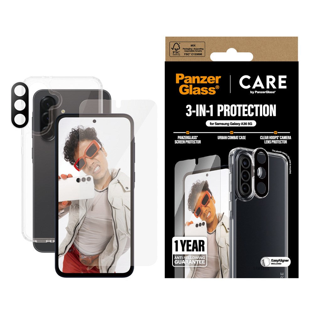 CARE by PanzerGlass Samsung Galaxy A36 (5G) 3-i-1 FLAGSHIP Bundle - Deksel / Skjermbeskyttelse (UWF) / Kamerabeskyttelse - Gjennomsiktig