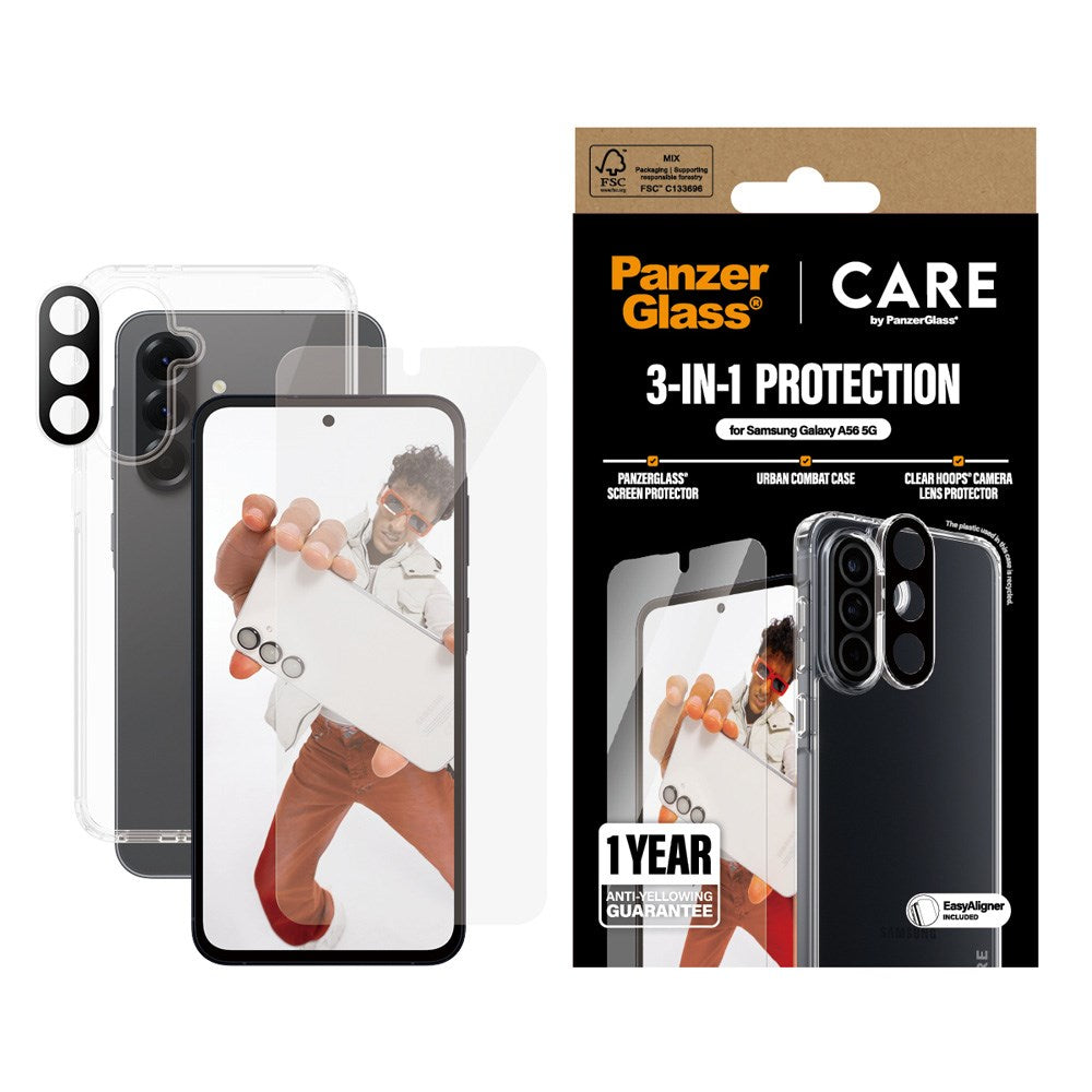 CARE by PanzerGlass Samsung Galaxy A56 (5G) 3-i-1 FLAGSHIP Bundle - Deksel / Skjermbeskyttelse (UWF) / Kamerabeskyttelse - Gjennomsiktig
