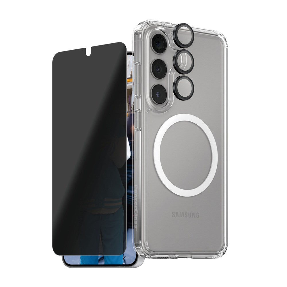 CARE by PanzerGlass Samsung Galaxy S25 3-i-1 FLAGSHIP Bundle - Deksel / Privacy Skjermbeskyttelse (UWF) / Kamerabeskyttelse - Gjennomsiktig / Hvit