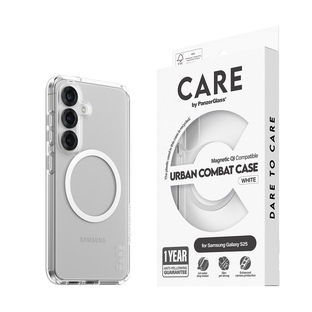 CARE by PanzerGlass Samsung Galaxy S25 FLAGSHIP Urban Combat Deksel - Qi Kompatibel - Gjennomsiktig / White