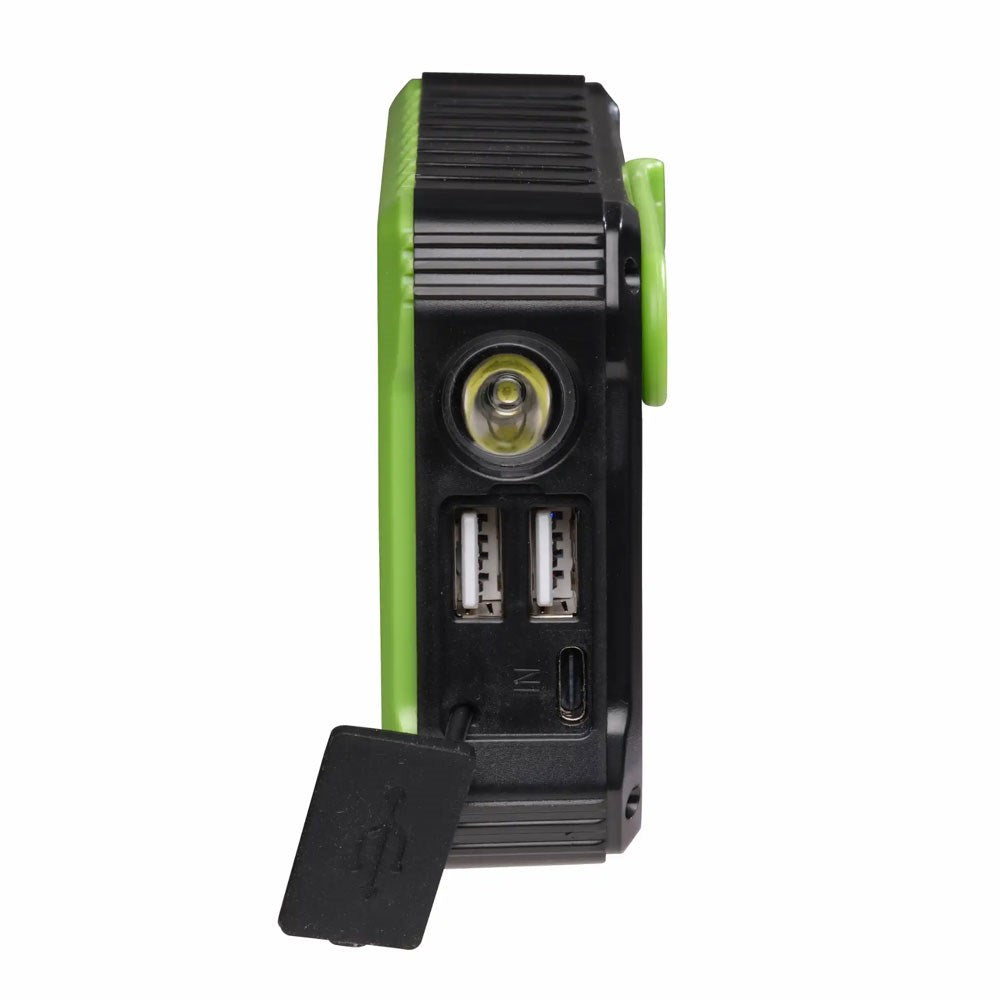 Denver PSO-10012 Solcelle Powerbank m. Håndsveiv & Lommelykt - 10.000 mAh - Svart / Grønn