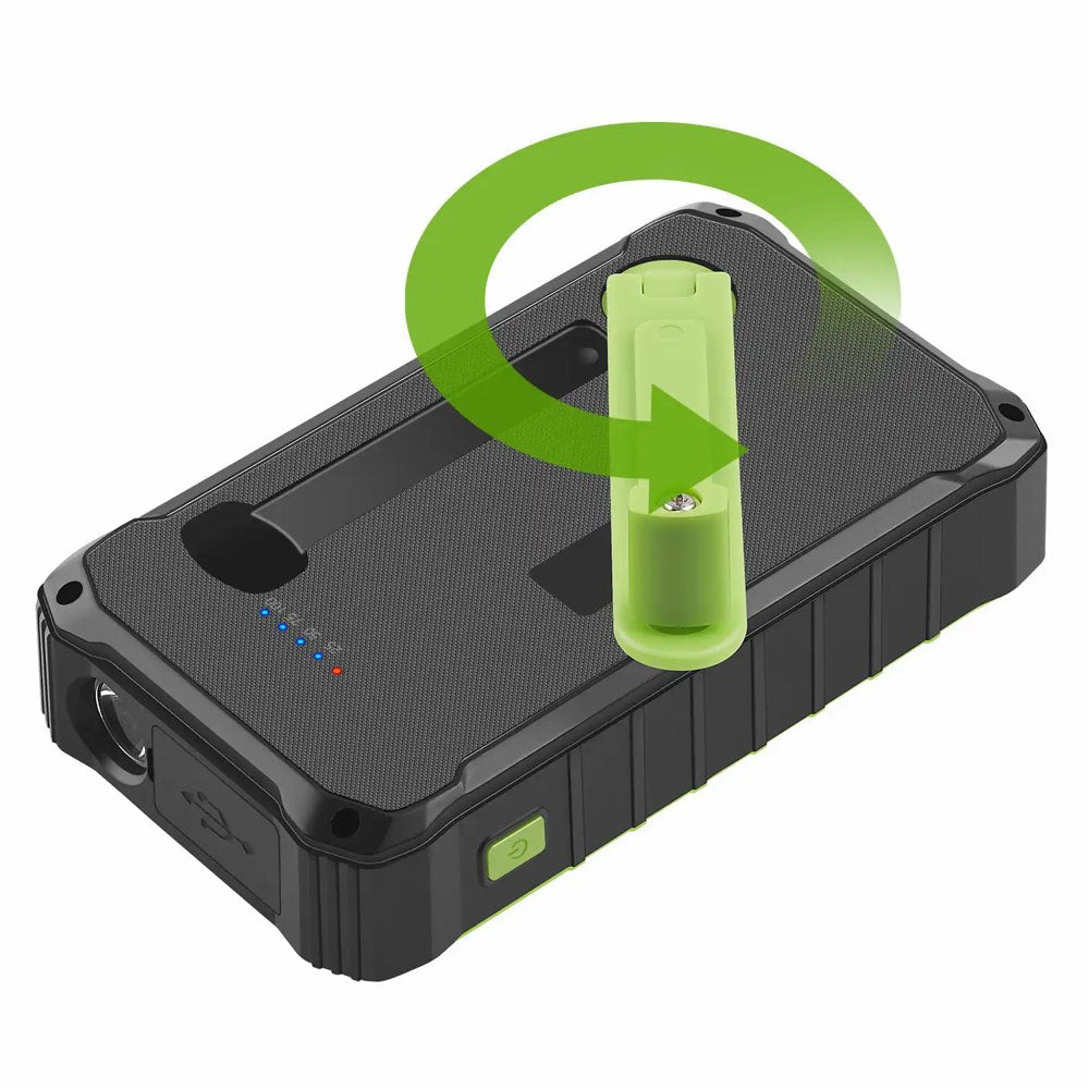 Denver PSO-10012 Solcelle Powerbank m. Håndsveiv & Lommelykt - 10.000 mAh - Svart / Grønn