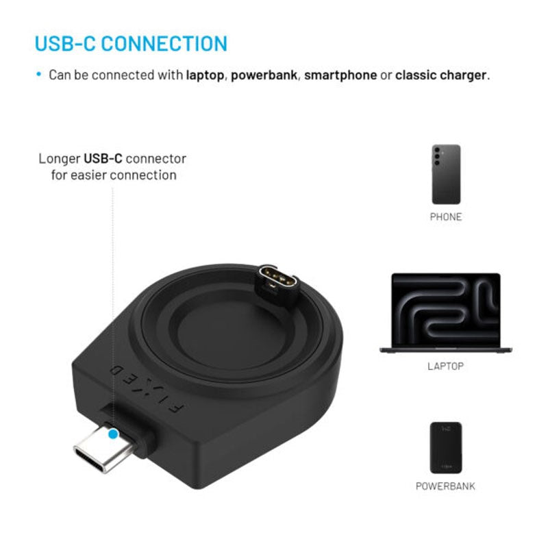 Fixed Trådløs USB-C Lader til Garmin Smartwatch – Svart