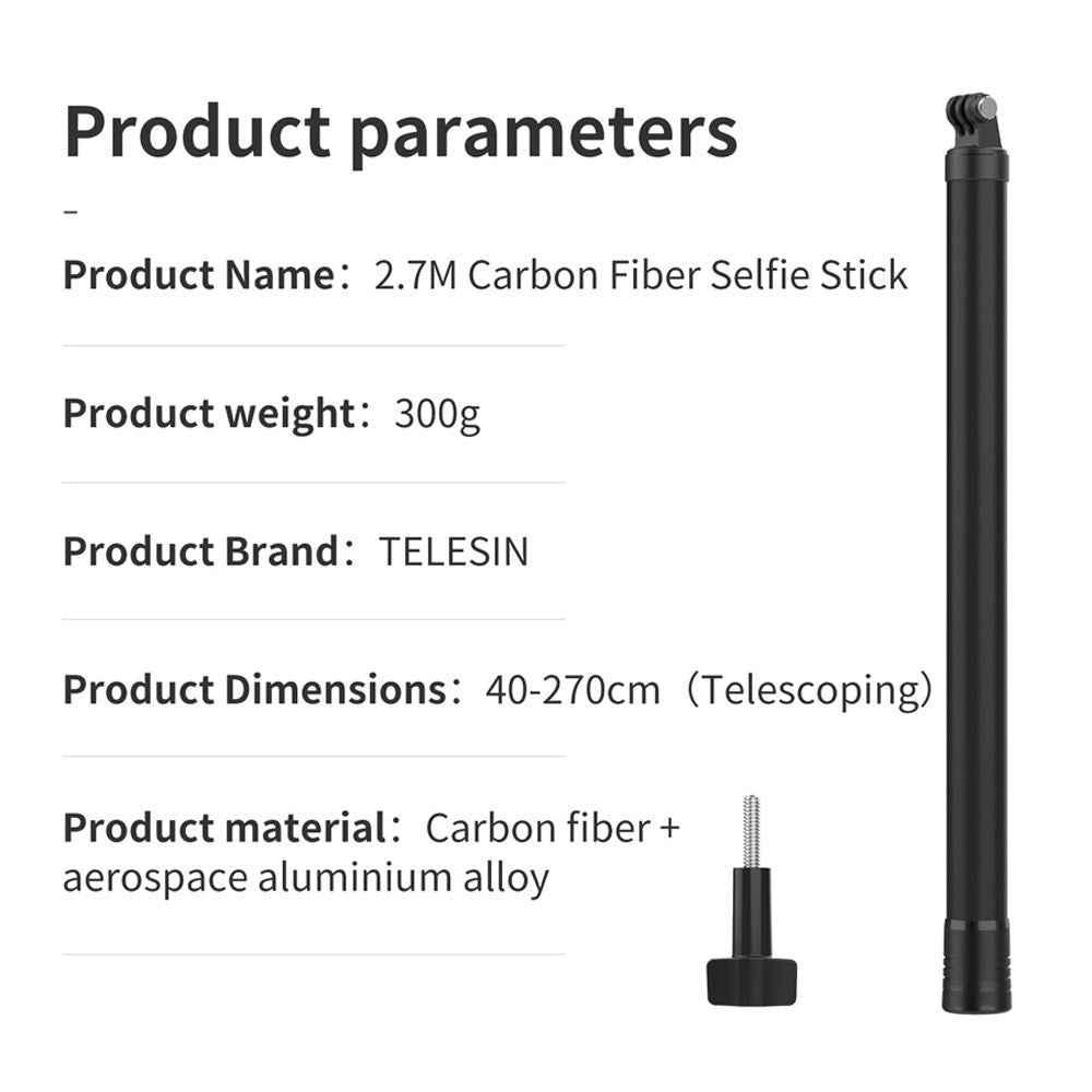 TELESIN Teleskopisk Selfiestang for Actionkamera - 2,7m - Svart