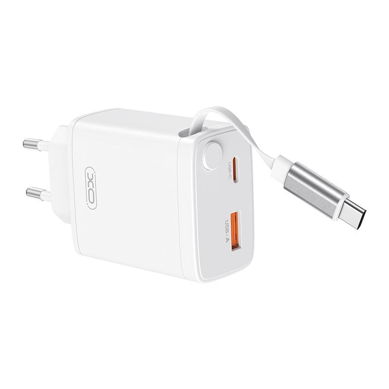 XO 30W Vegglader 1 x USB-C 1 x USB-A med Uttrekkbar USB-C-Kabel - Hvit