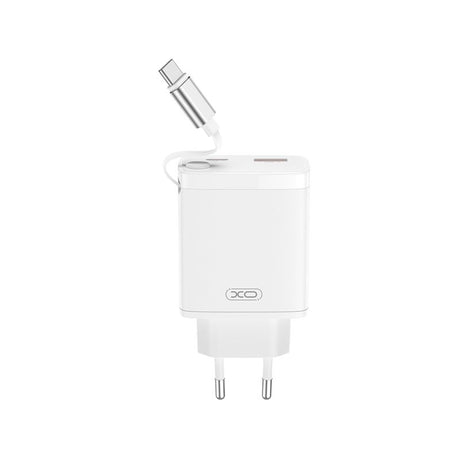 XO 30W Vegglader 1 x USB-C 1 x USB-A med Uttrekkbar USB-C-Kabel - Hvit