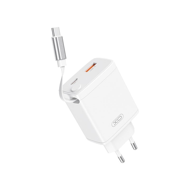 XO 30W Vegglader 1 x USB-C 1 x USB-A med Uttrekkbar USB-C-Kabel - Hvit