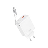 XO 30W Vegglader 1 x USB-C 1 x USB-A med Uttrekkbar USB-C-Kabel - Hvit