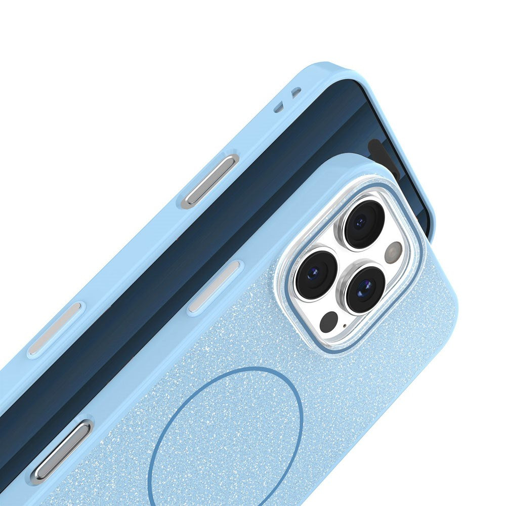 iPhone 14 Glitter Thin Deksel - MagSafe Kompatibel - Lys Blå