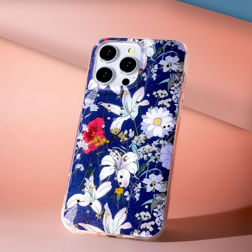 iPhone 16 Pro TFO Glow Glam Deksel - Blå / Blomster