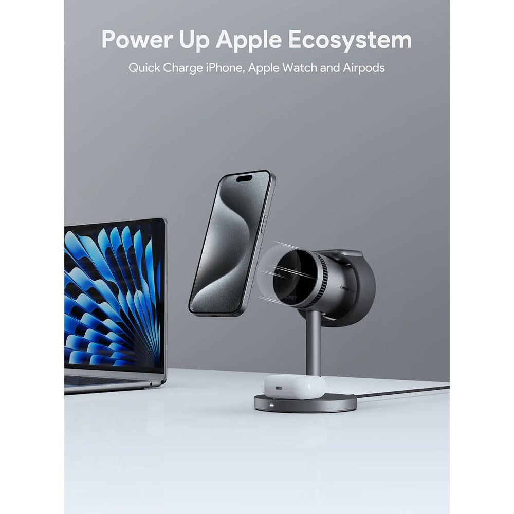Aukey MagFusion 3-i-1 15W Trådløs Lader for Smarttelefon / Apple Watch / AirPods - MagSafe / Qi2 Kompatibel - Grå