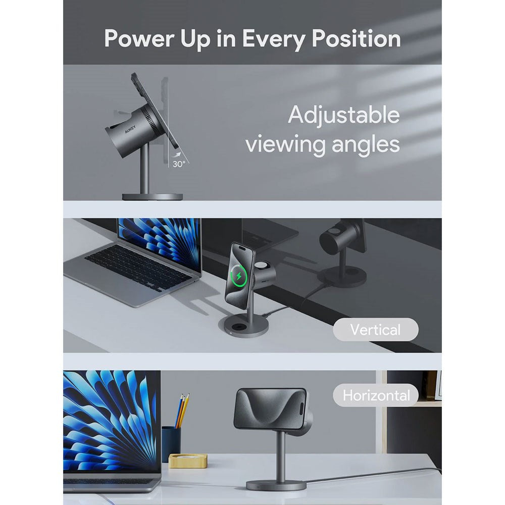 Aukey MagFusion 3-i-1 15W Trådløs Lader for Smarttelefon / Apple Watch / AirPods - MagSafe / Qi2 Kompatibel - Grå