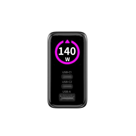 Display Vegglader Mobile Origin GaN 140 W med 2x USB-C + 1x USB-A - Svart