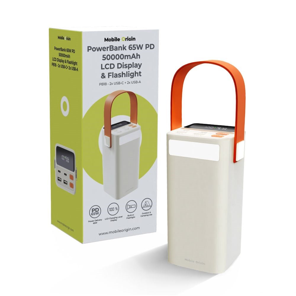 Mobile Origin 50 000 mAh Utendørs Powerbank med 65W - 2 x USB-C - 2 x USB-A - Lommelykt - Håndtak - Hvit
